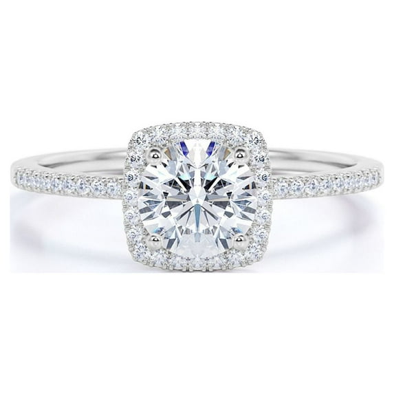 JeenMata Cushion Halo Design 1 Carat Round Cut Moissanite Pave Prong Set Engagement Ring In 18K White Gold Plating for Women