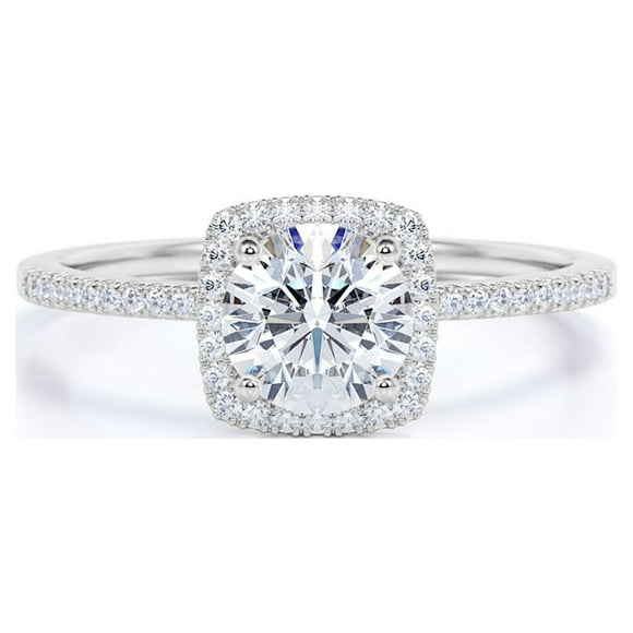 JeenMata Cushion Halo Design 1 Carat Round Cut Moissanite Pave Prong Set Engagement Ring In 18K White Gold Plating for Women