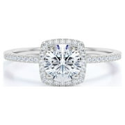 JeenMata Cushion Halo Design 1 Carat Round Cut Moissanite Pave Prong Set Engagement Ring In 18K White Gold Plating for Women
