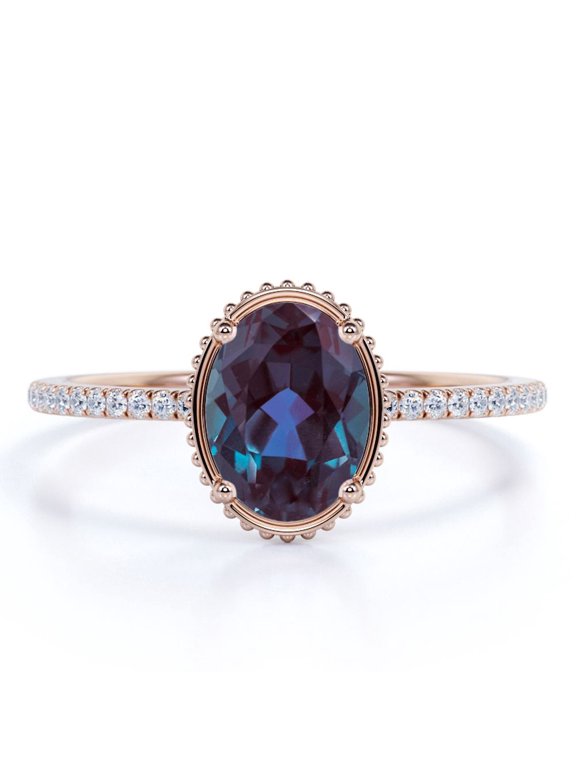 Dainty 1.75 Carat Oval Cut Synthetic Alexandrite and Moissanite Pave Low Profile Engagement Ring in 18k Rose Gold over Silver
