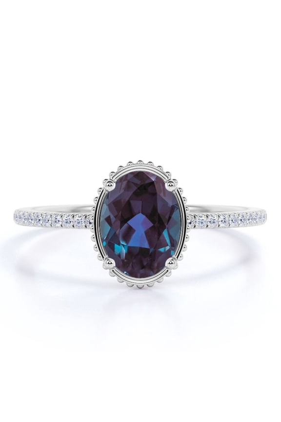 Dainty 1.75 Carat Oval Cut Synthetic Alexandrite and Moissanite Pave Low Profile Engagement Ring in 18k White Gold over Silver
