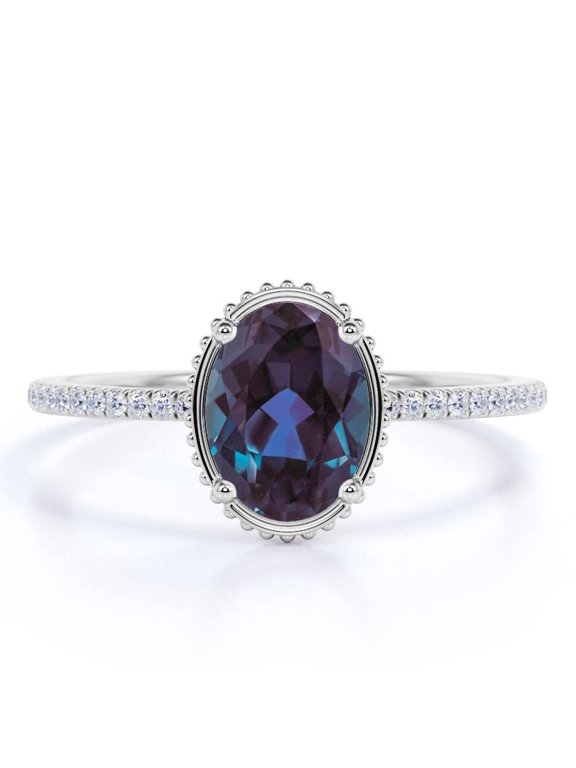 Dainty 1.75 Carat Oval Cut Synthetic Alexandrite and Moissanite Pave Low Profile Engagement Ring in 18k White Gold over Silver