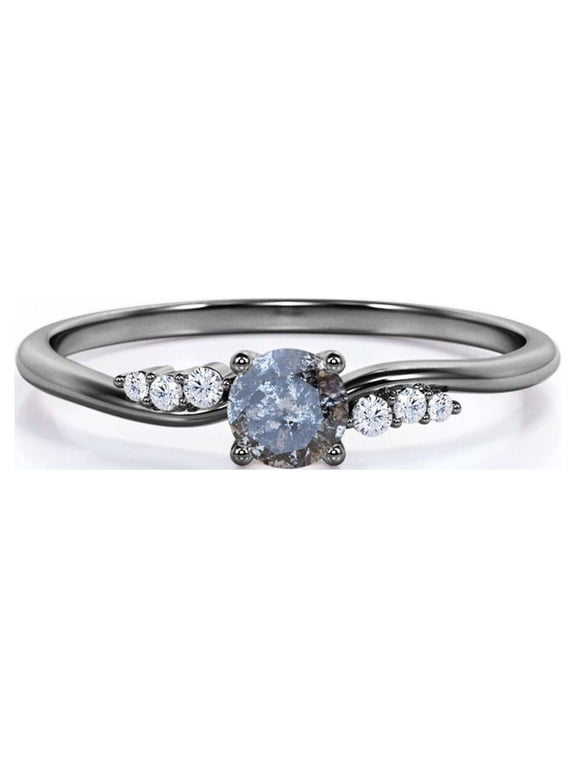 Dainty Design - 0.6 Carat Round Cut Salt and Pepper Diamond with Moissanite - 6 Stone Cluster Prong Engagement Ring - 18K Black Gold Plating over Silver