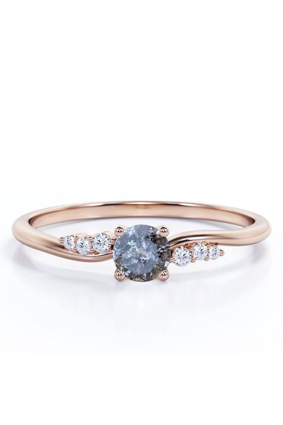 Dainty Design - 0.6 Carat Round Cut Salt and Pepper Diamond with Moissanite - 6 Stone Cluster Prong Engagement Ring - 18K Rose Gold Plating over Silver