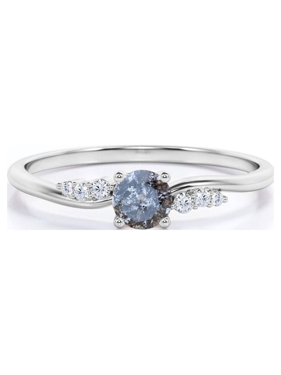 Dainty Design - 0.6 Carat Round Cut Salt and Pepper Diamond with Moissanite - 6 Stone Cluster Prong Engagement Ring - 18K White Gold Plating over Silver