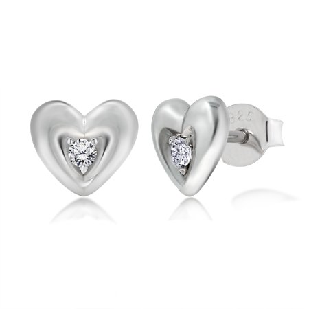 JeenMata Danity Heart Stud Earrings - Round Diamond Accent Earrings in 18K White Gold Over Silver for Women