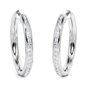 Dazzling Pave Channel 0.8 Carat Round Brilliant Cut Diamond Semi Eternity Chunky Hoop Earrings in 18K White Gold Plating over Silver