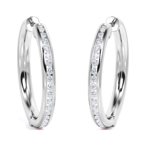 JeenMata Dazzling Pave Channel 0.8 Carat Round Brilliant Cut Diamond Semi Eternity Chunky Hoop Earrings in 18K White Gold Plating over Silver