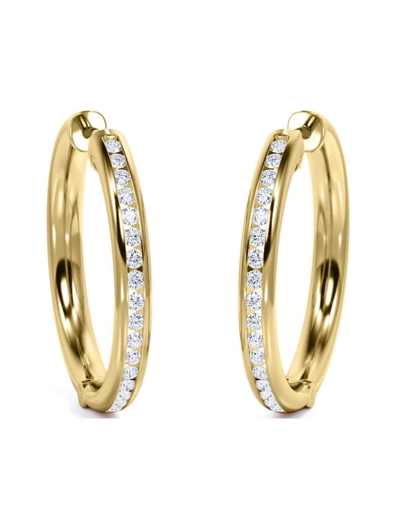 Dazzling Pave Channel 0.8 Carat Round Brilliant Cut Diamond Semi Eternity Chunky Hoop Earrings in 18K Yellow Gold Plating over Silver