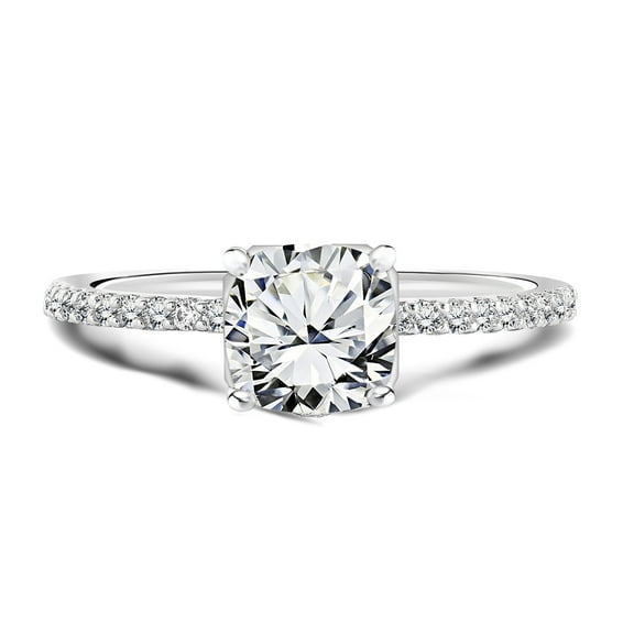 JeenMata Delicate 1.75 ct Cushion Cut Moissanite - Simple Thin Pave Band - Solitaire Engagement Ring in 18K White Gold over Silver