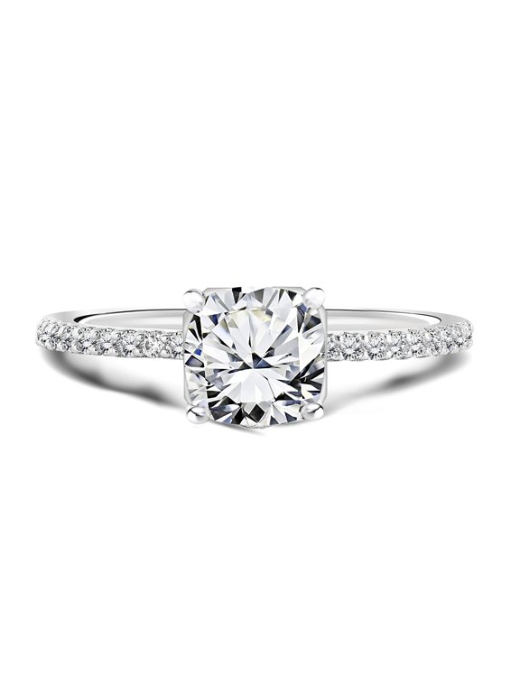Delicate 1.75 ct Cushion Cut Moissanite - Simple Thin Pave Band - Solitaire Engagement Ring in 18K White Gold over Silver