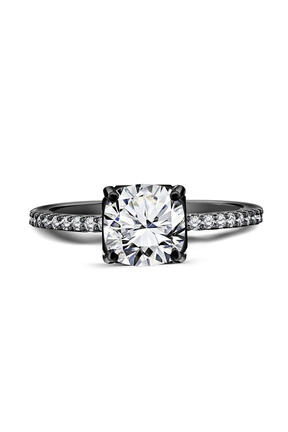 Delicate 1.75 ct Cushion Cut Moissanite - Simple Thin Pave Band - Solitaire Gothic Engagement Ring in 18K Black Gold over Silver