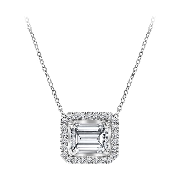 JeenMata Distinctive 1 carat Emerald Shaped Moissanite - Halo Sideways Emerald - Pendant Necklace in 18K White Gold over Silver