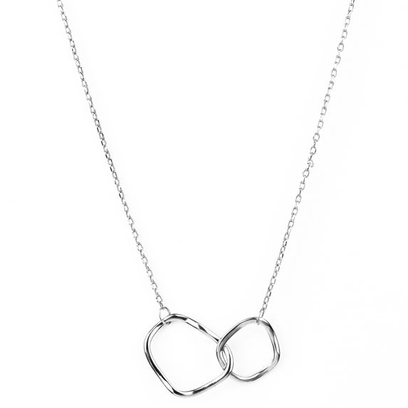 JeenMata Distorted Interlocking Rings Necklace - Thin Flat Cable Chain Necklace - 18K White Gold Plating over Silver - Connected Bent Rings Necklace