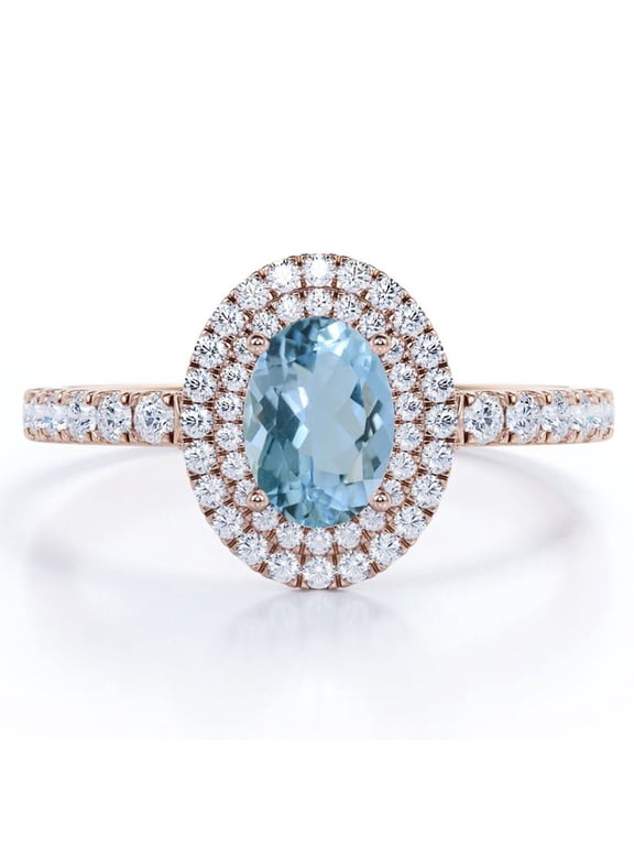 Double Cluster 1.35 Carat Egg Shaped Ocean Blue Created Aquamarine and Moissanite Pave Set Engagement Ring in 18K Rose Gold Plating over Silver