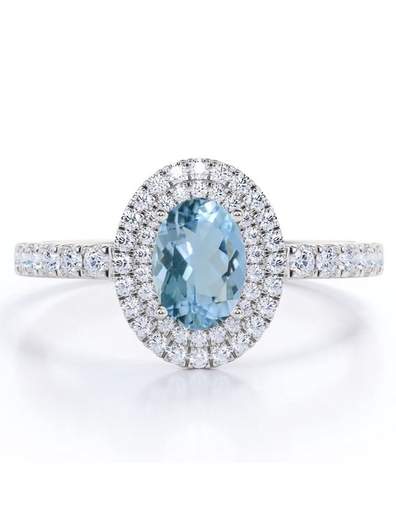 Double Cluster 1.35 Carat Egg Shaped Ocean Blue Created Aquamarine and Moissanite Pave Set Engagement Ring in 18K White Gold Plating over Silver