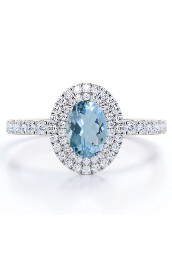 Double Cluster 1.35 Carat Egg Shaped Ocean Blue Created Aquamarine and Moissanite Pave Set Engagement Ring in 18K White Gold Plating over Silver