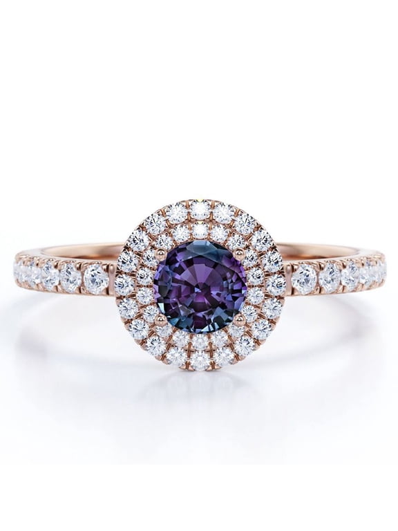 Double Halo - 1.75 Carat Round Cut Lab Created Alexandrite and Moissanite - Pave Shank Engagement Ring - 18K Rose Gold Plating over Silver