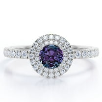 JeenMata Double Halo - 1.75 Carat Round Cut Lab Created Alexandrite and Moissanite - Pave Shank Engagement Ring - 18K White Gold Plating over Silver