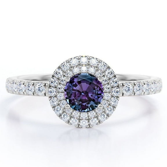 JeenMata Double Halo - 1.75 Carat Round Cut Lab Created Alexandrite and Moissanite - Pave Shank Engagement Ring - 18K White Gold Plating over Silver