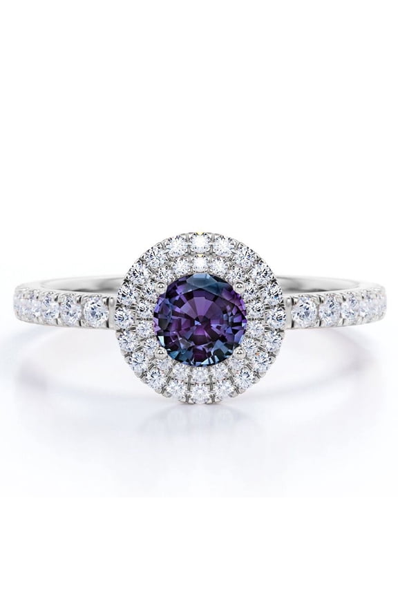 Double Halo - 1.75 Carat Round Cut Lab Created Alexandrite and Moissanite - Pave Shank Engagement Ring - 18K White Gold Plating over Silver