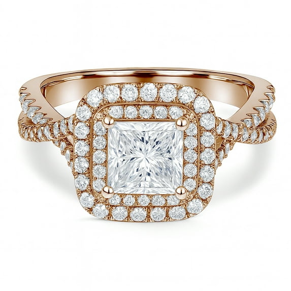 JeenMata 1 Carat Princess Cut Moissanite Engagement Ring - Bridal Set - Double Halo Ring - Cluster Ring - 18k Rose Gold Plated for Women