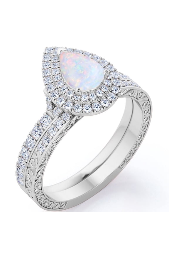 Double Halo Set 1.75 Carat Pear Shape Ethiopian Opal and Moissanite Pave Victorian Bridal Ring Set in 18K White Gold Plating over Silver