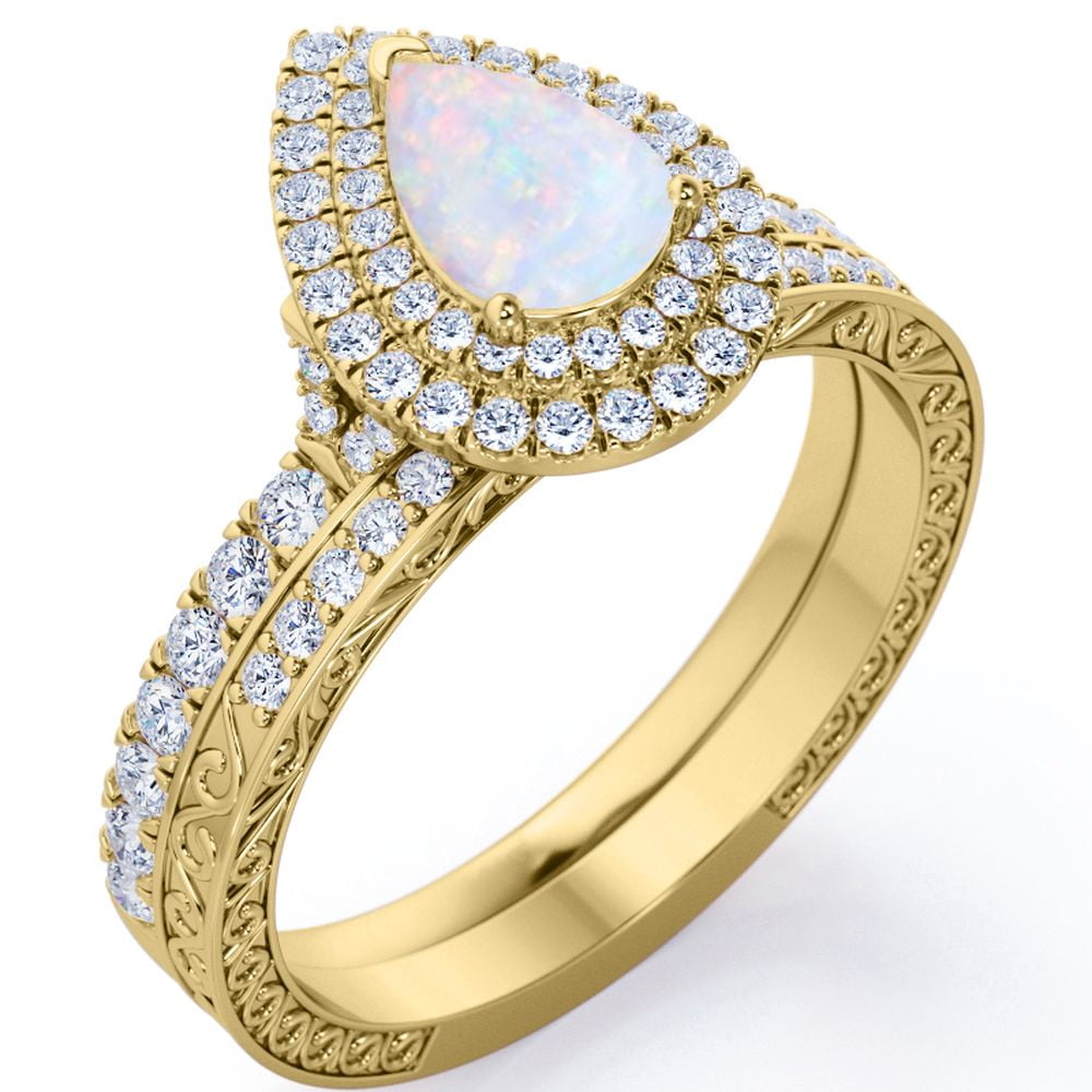 JeenMata Double Halo Set 1.75 Carat Pear Shape Ethiopian Opal and Moissanite Pave Victorian Bridal Ring Set in 18K Yellow Gold Plating over Silver
