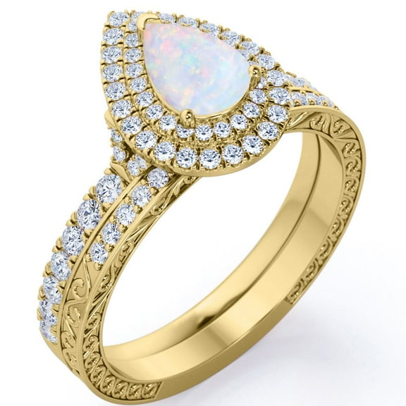 JeenMata Double Halo Set 1.75 Carat Pear Shape Ethiopian Opal and Moissanite Pave Victorian Bridal Ring Set in 18K Yellow Gold Plating over Silver