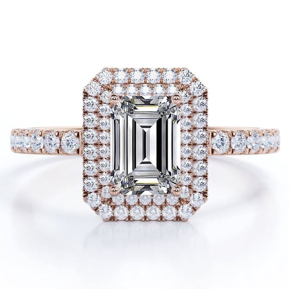 JeenMata Double Halo Setting - 2.25 Carat Emerald Cut - Pave Style Engagement Ring - 18K Rose Gold Plating over Silver