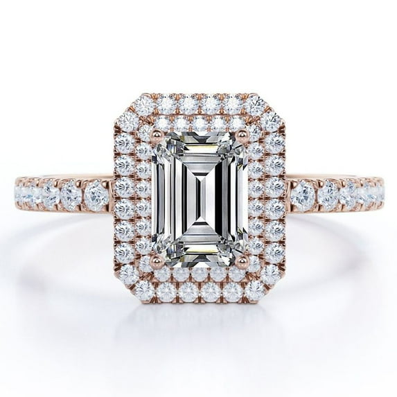 JeenMata Double Halo Setting - 2.25 Carat Emerald Cut - Pave Style Engagement Ring - 18K Rose Gold Plating over Silver