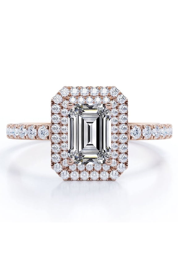 Double Halo Setting - 2.25 Carat Emerald Cut - Pave Style Engagement Ring - 18K Rose Gold Plating over Silver