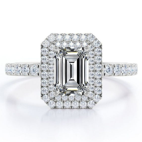 JeenMata Double Halo Setting - 2.25 Carat Emerald Cut - Pave Style Engagement Ring - 18K White Gold Plating over Silver