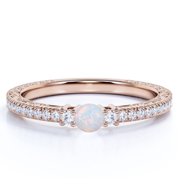 JeenMata Double Milgrain Edge - 1 Carat Round Shape Opal - Art Deco Filigree - 3 Stone Cathedral Engagement Ring - 18K Rose Gold Plating Over Silver