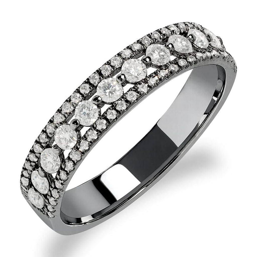 JeenMata Double Pave - 0.75 Carat Round Brilliant Cut Moissanite - Eternity Anniversary Ring - 18K Black Gold Plating for Women