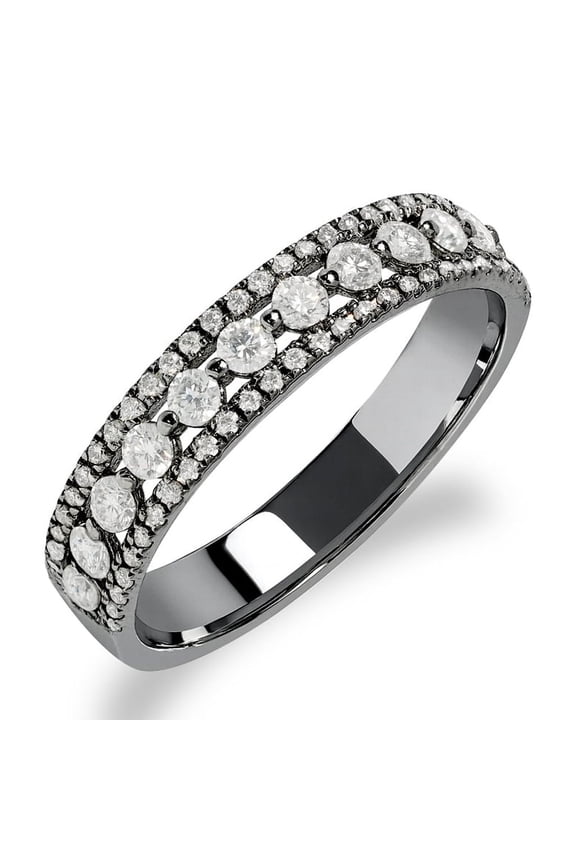 Double Pave - 0.75 Carat Round Brilliant Cut Moissanite - Eternity Wedding Band - 18K Black Gold Plating for Women