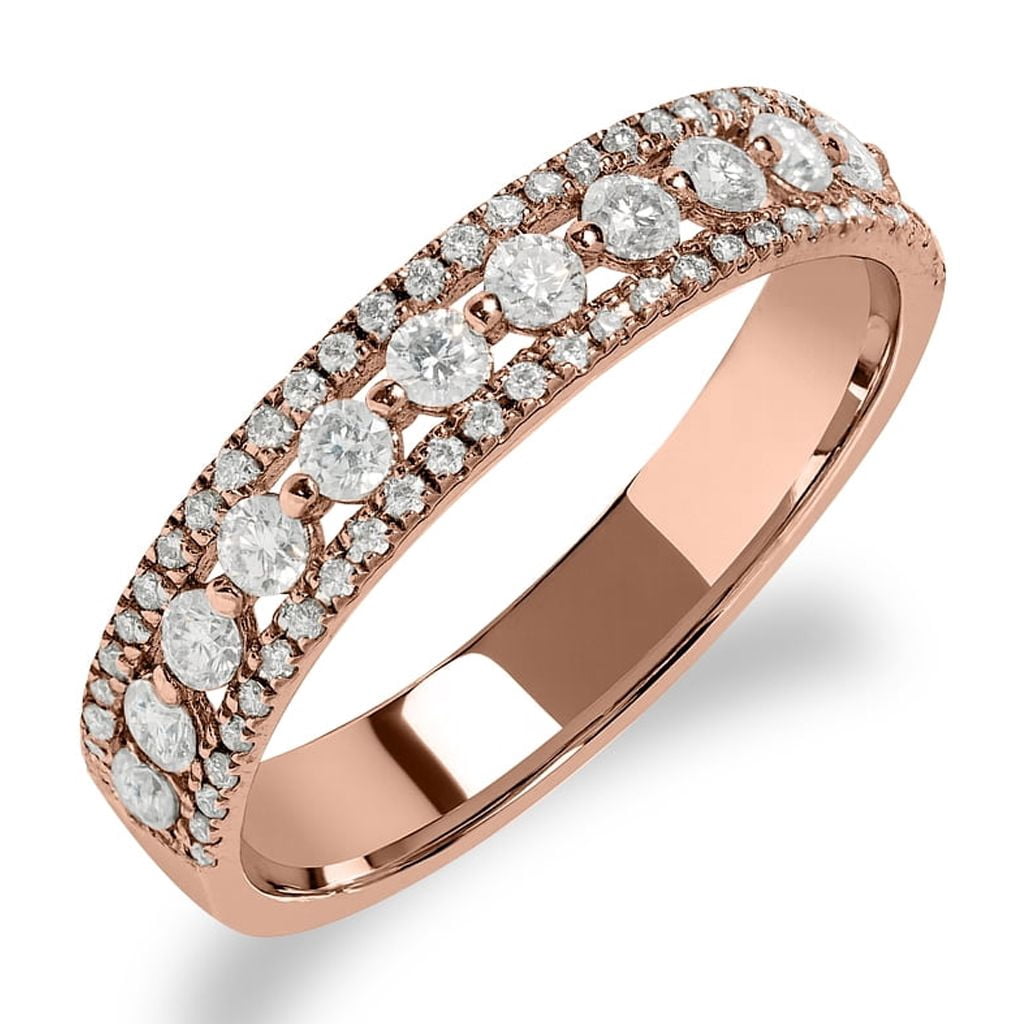 JeenMata Double Pave - 0.75 Carat Round Brilliant Cut Moissanite - Eternity Anniversary Ring - 18K Rose Gold Plating for Women