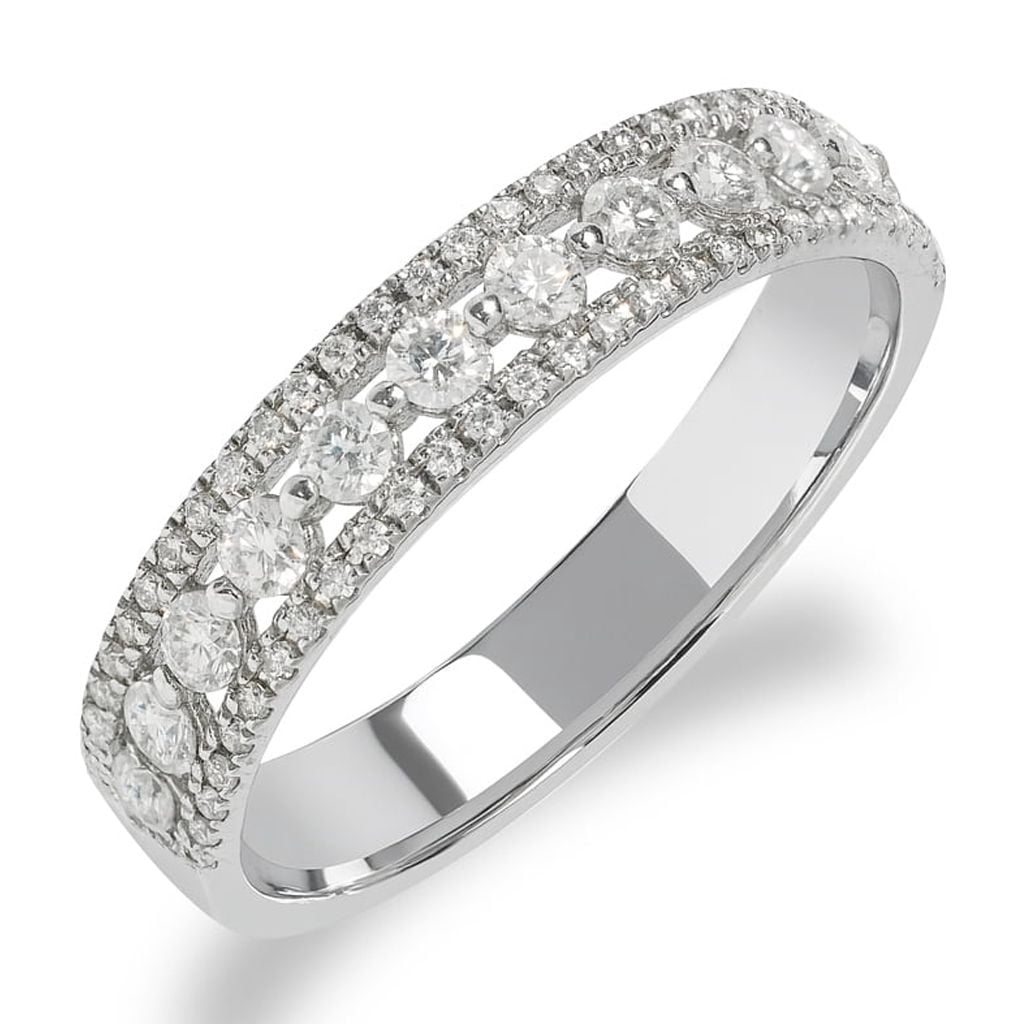 JeenMata Double Pave - 0.75 Carat Round Brilliant Cut Moissanite - Eternity Anniversary Ring - 18K White Gold Plating for Women