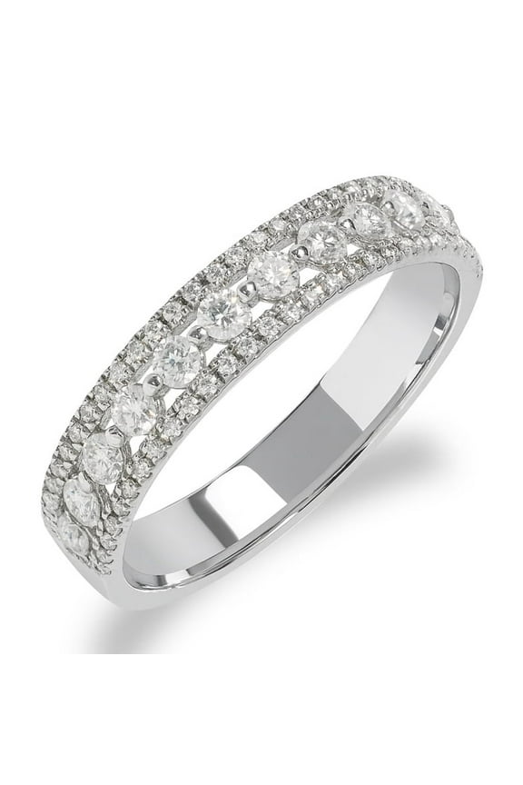 Double Pave - 0.75 Carat Round Brilliant Cut Moissanite - Eternity Wedding Band - 18K White Gold Plating for Women