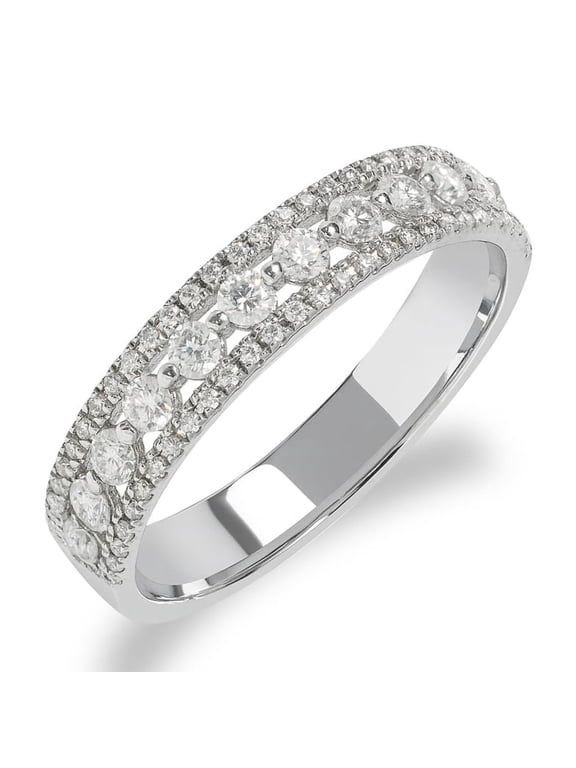Double Pave - 0.75 Carat Round Brilliant Cut Moissanite - Eternity Anniversary Ring - 18K White Gold Plating for Women