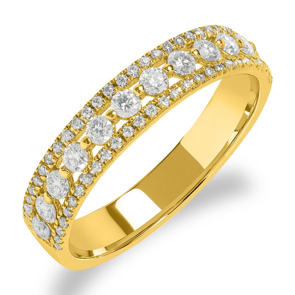 JeenMata Double Pave - 0.75 Carat Round Brilliant Cut Moissanite - Eternity Anniversary Ring - 18K Yellow Gold Plating for Women