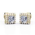 thumbnail image 1 of JeenMata Double Prong 1.1 Carat Princess Cut Moissanite Halo Stud Earrings in 18K Yellow Gold Plating over Silver, 1 of 5