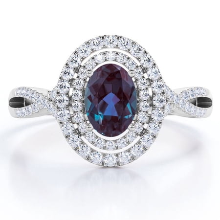 JeenMata Dual Cluster 1.5 Carat Ovate Created Alexandrite and Moissanite Pave Infinity Engagement Ring in 18K White Gold Plating over Silver