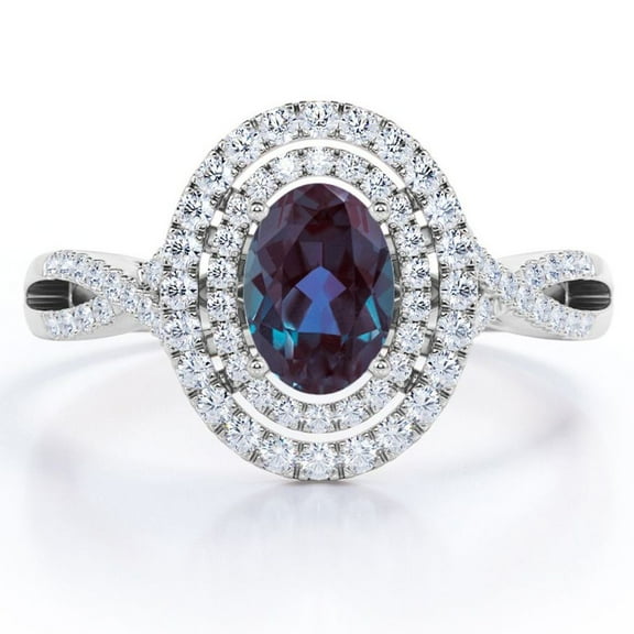 JeenMata Dual Cluster 1.5 Carat Ovate Created Alexandrite and Moissanite Pave Infinity Engagement Ring in 18K White Gold Plating over Silver