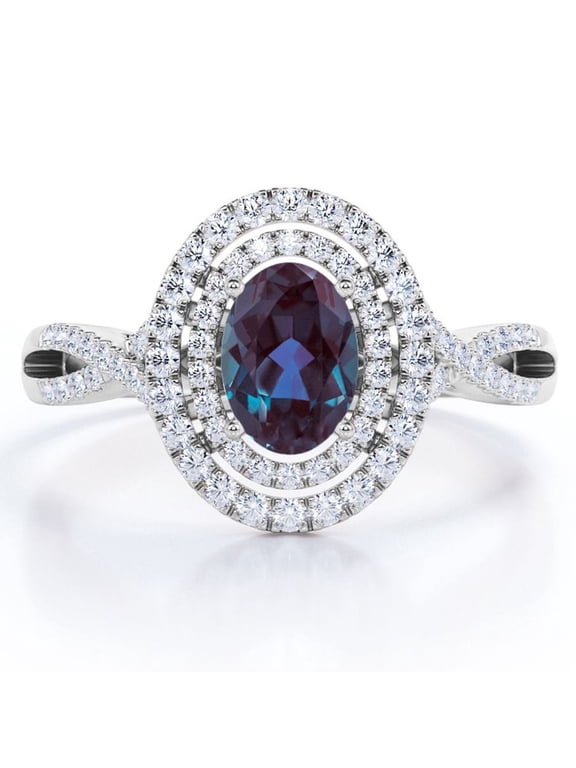 Dual Cluster 1.5 Carat Ovate Created Alexandrite and Moissanite Pave Infinity Engagement Ring in 18K White Gold Plating over Silver