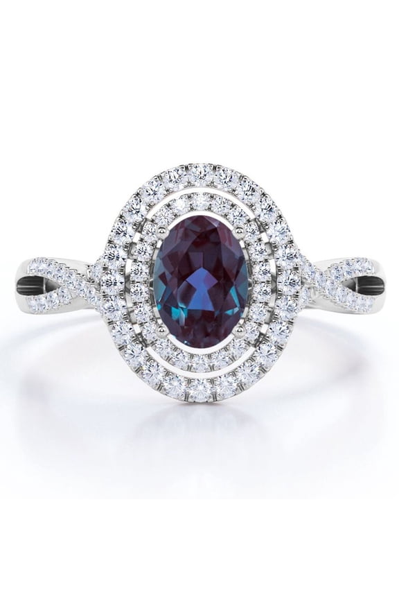 Dual Cluster 1.5 Carat Ovate Created Alexandrite and Moissanite Pave Infinity Engagement Ring in 18K White Gold Plating over Silver