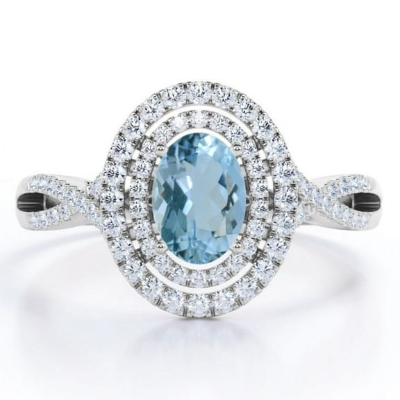 JeenMata Dual Halo Design - 1.50 Carat Oval Shaped Light Blue Created Aquamarine And Moissanite - Pave Infinity Engagement Ring - 18K White Gold Plating over Silver