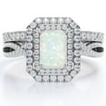 thumbnail image 1 of JeenMata Dual Halo Twisted Pave Set - 2 Carat Emerald Cut Genuine Fiery Opal and Moissanite - Edwardian Wedding Set - 18K White Gold Plating over Silver, 1 of 7