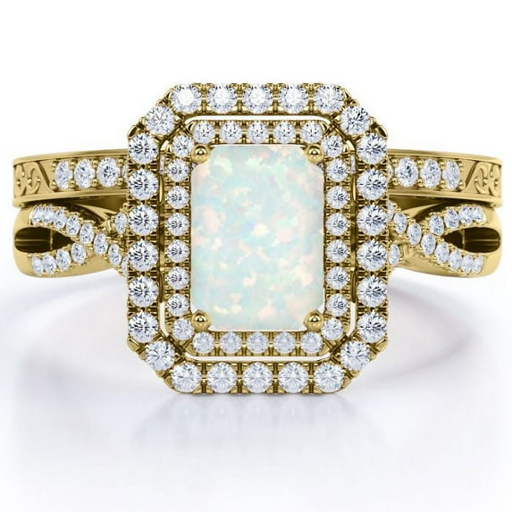 JeenMata Dual Halo Twisted Pave Set - 2 Carat Emerald Cut Genuine Fiery Opal and Moissanite - Edwardian Wedding Set - 18K Yellow Gold Plating over Silver