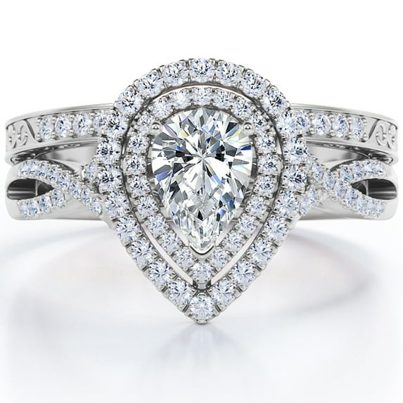 JeenMata Duo Halo Design - 1.75 Carat Almond Shape Moissanite - Crossover Edwardian Wedding Set - 18K White Gold Plating over Silver